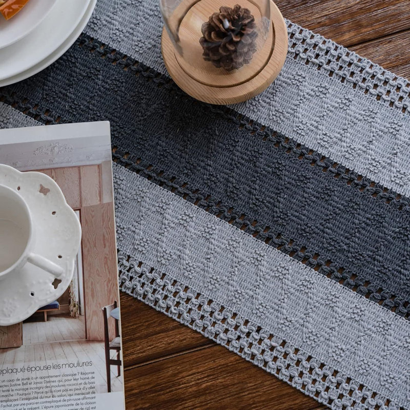 Macrame Table Runner Boho Tassels Hand Woven Cotton Rustic, Grey