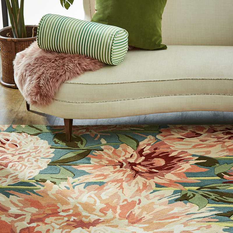 Wool Floral Area Rug in Green/Blue/Light Orange, Rectangle 8'2" x 11'6"