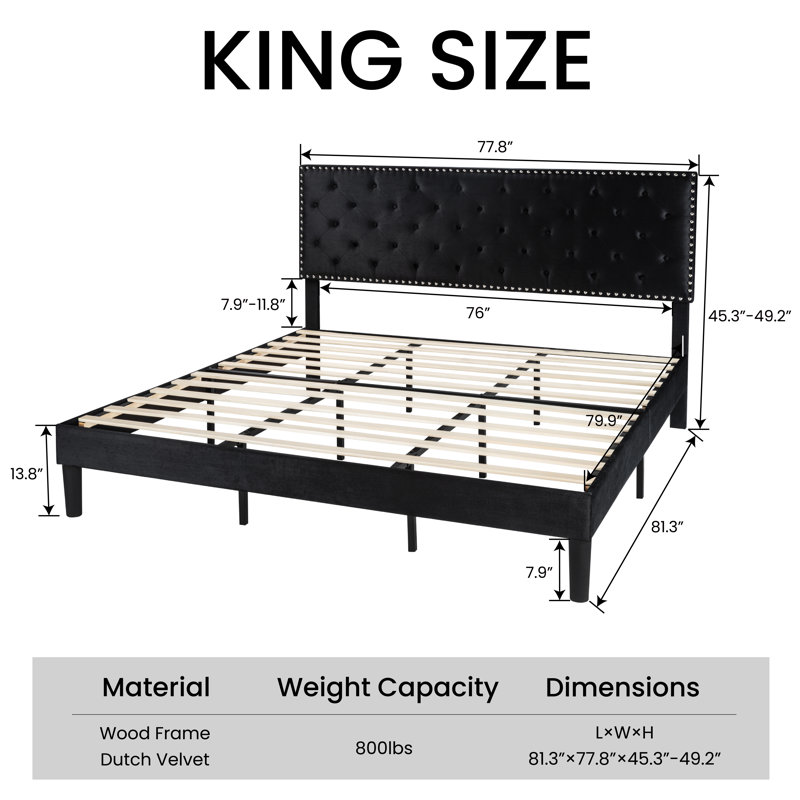 Aleiny Velvet Bed with Adjustable Upholstered Headboard, Black, King