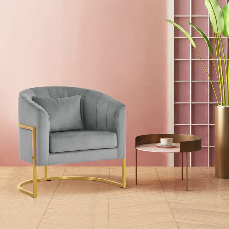 Jaquaisha Velvet Accent Barrel Chair with Pillow, Gray Velvet