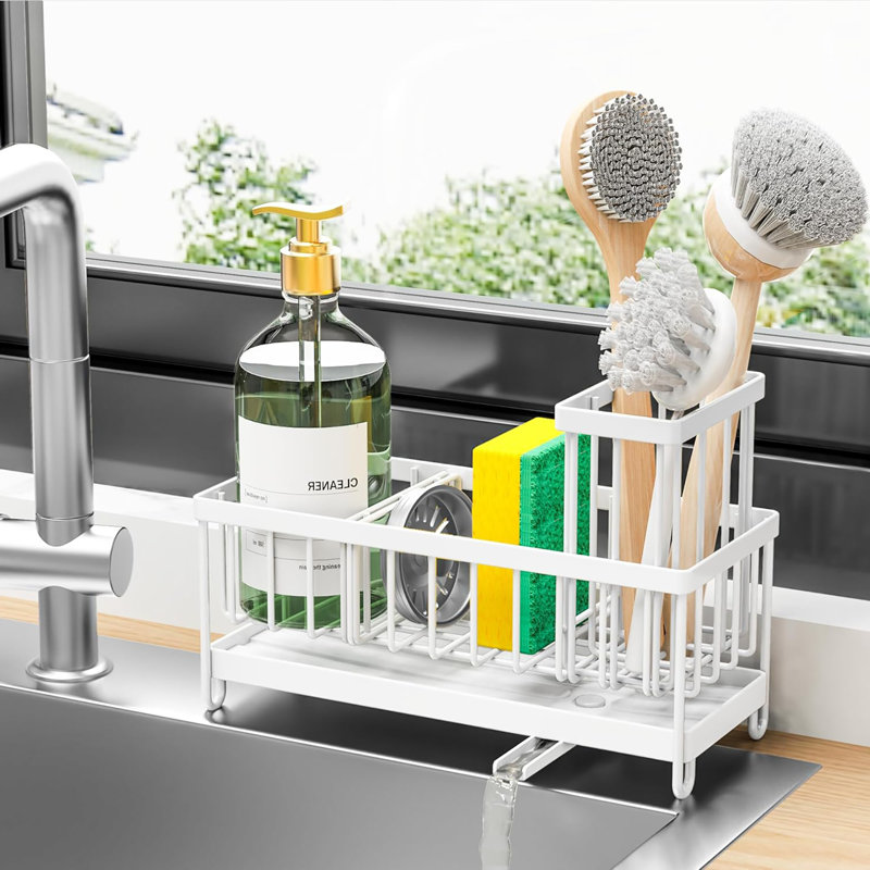 304 Sponge Holder for Kitchen Sink - Kitchen Sink Caddy with High Brush Holder & Soap Dispenser, White