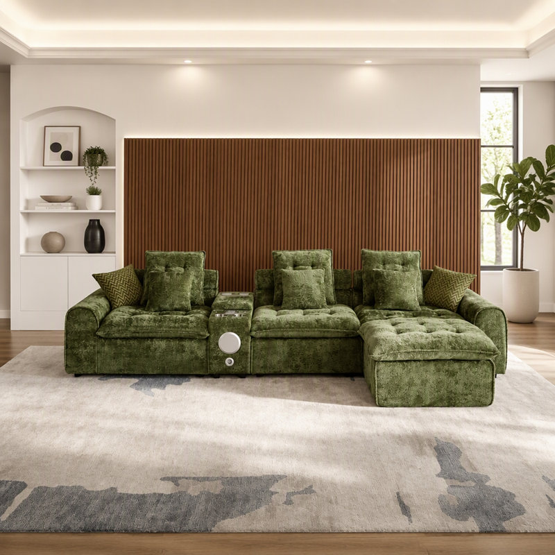 Canapé modulaire en laine d'agneau moelleux vert de 143,2 po, canapé de coin modulaire surdimensionné en forme de L à assise profonde, grand canapé moelleux et moelleux avec coussins décoratifs pour le salon
