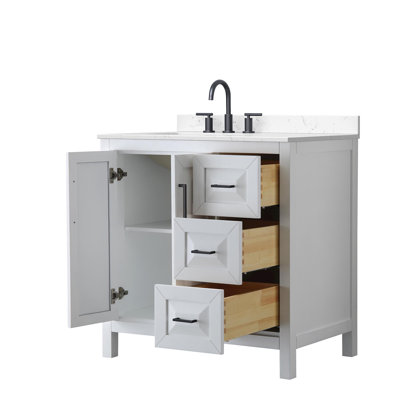 Daria 36 Inch Single Bathroom Vanity in White, Carrara Cultured Marble Countertop, Undermount Square Sink (3-Hole), Matte Black Trim