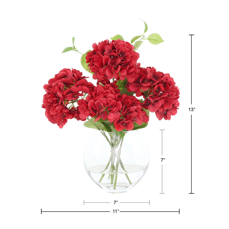 Arrangement d'hortensias dans un vase de lune, H 13 po x l 11 po x P 11 po