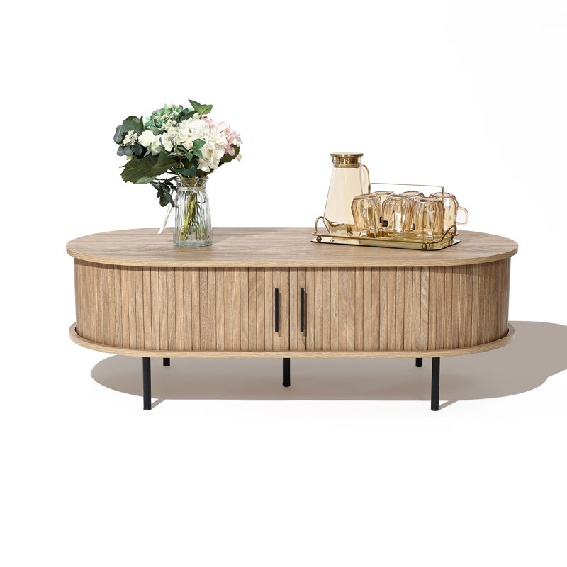 Mid-Century Modern Coffee Table with Storage and Slatted Sliding Doors