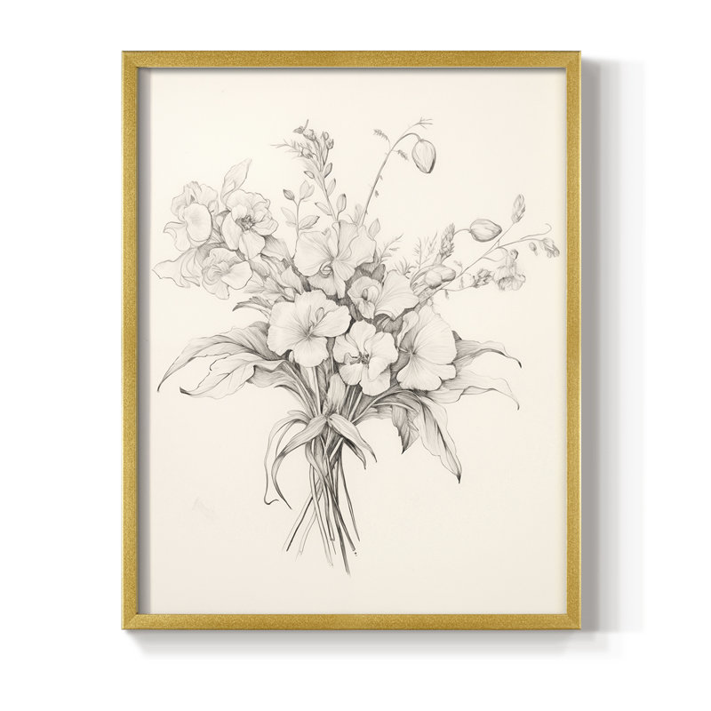 Reproduction florale rétro encadrée - bois massif, H 21 po x l 17 po, Doré