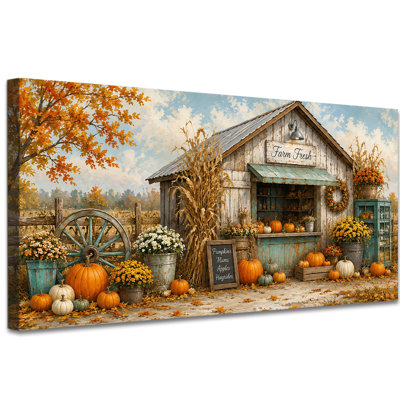Automne, art mural sur toile, peinture de ferme rustique, ferme d'automne, citrouille fraîche, grange, œuvre d'art pour la décoration murale de la chambre à coucher, (30 po x 60 po)