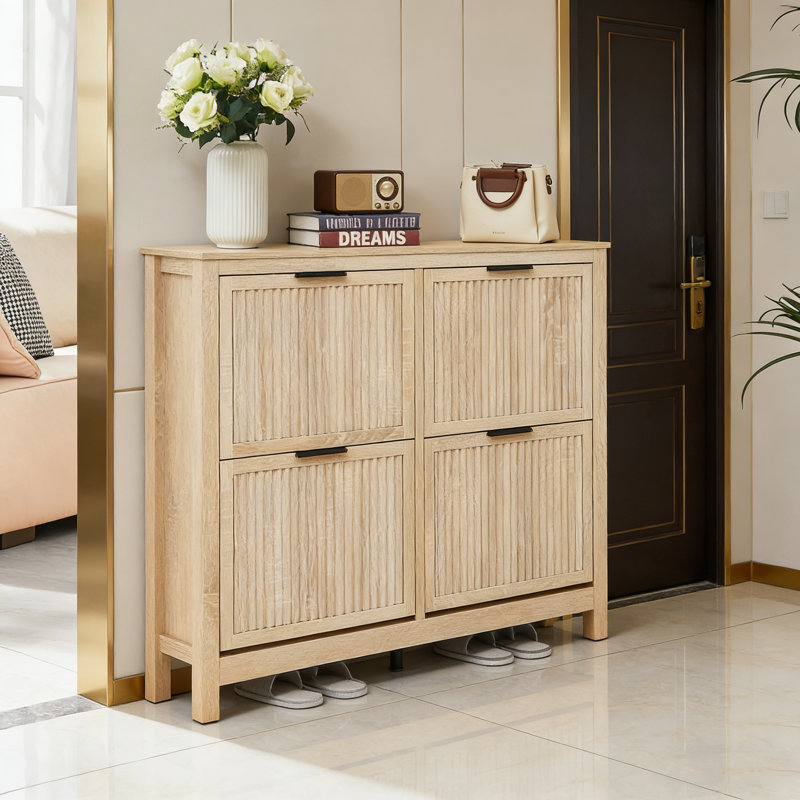 Narrow 4-Drawer Flip-Top Shoe Cabinet For Entryway, Oak