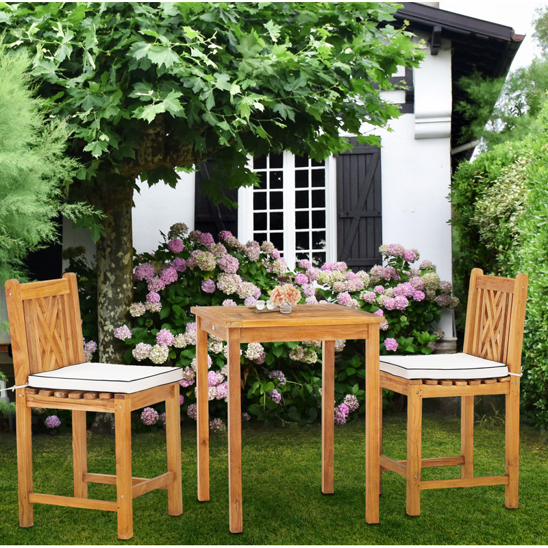 2 - Person Teak Wood Patio Dining Set with Square Table , Cushions Included, 27" L x 27" W x 35" H