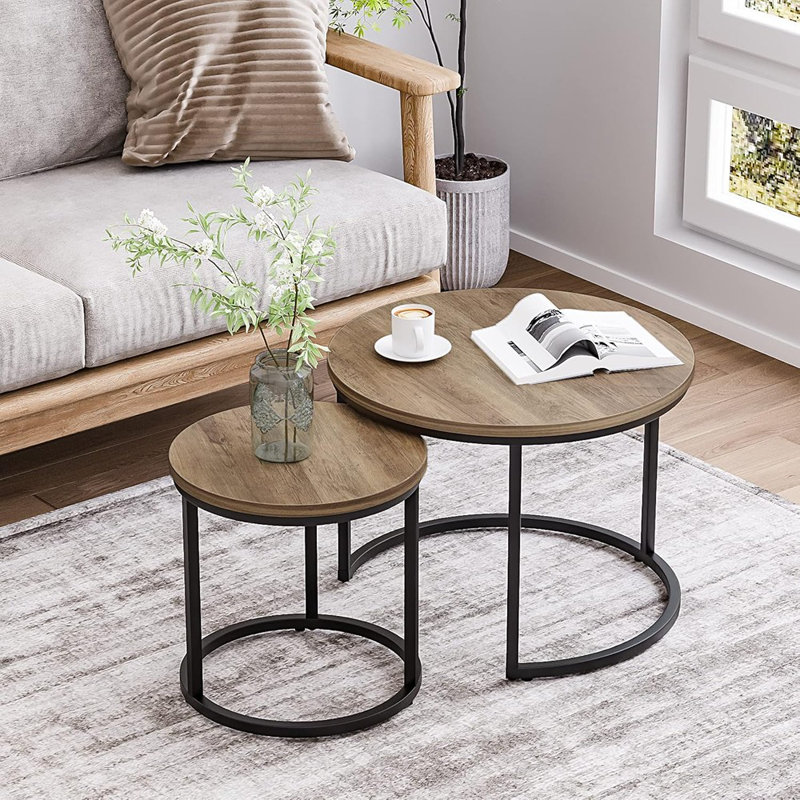 Maxaya A Set Of Two Nesting Coffee Tables Measuring 23.6" In Diameter And Featuring A Wood Grain Top, Adjustable Non-slip Feet, And An Industrial Style, Perfect For Living Rooms, Bedrooms, Balconies, And Yards.