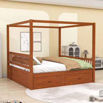 Wooden Canopy Bed with Storage Drawers