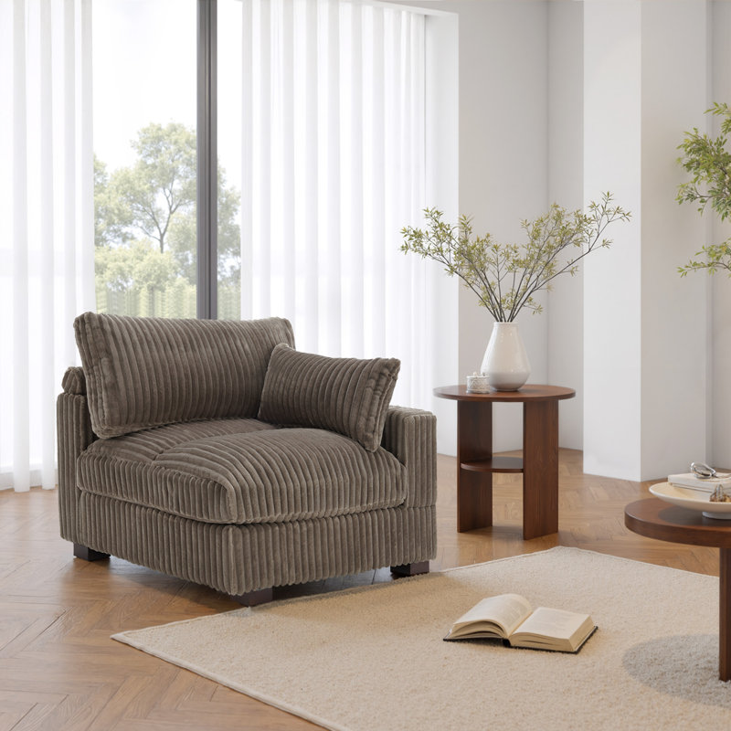 Upholstered Faux Rabbit Fur Flannel Armchair with Pillow Back, One Arm Single Chair Module Part For Sectional Sofa