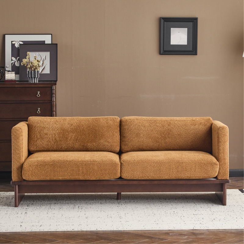 Canapé 3 places moderne en velours bouclé, 195 cm, accoudoirs carrés, couleur Nomad, piètement en bois massif et aspect bouloché - Revêtement confortable et respirant