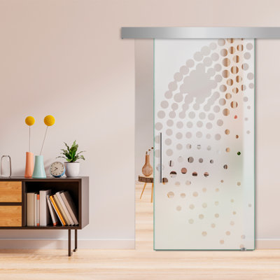 Frameless Glass Sliding Barn Door with Sandblasted Modern Design + Hardware Kit (Semi-Private)