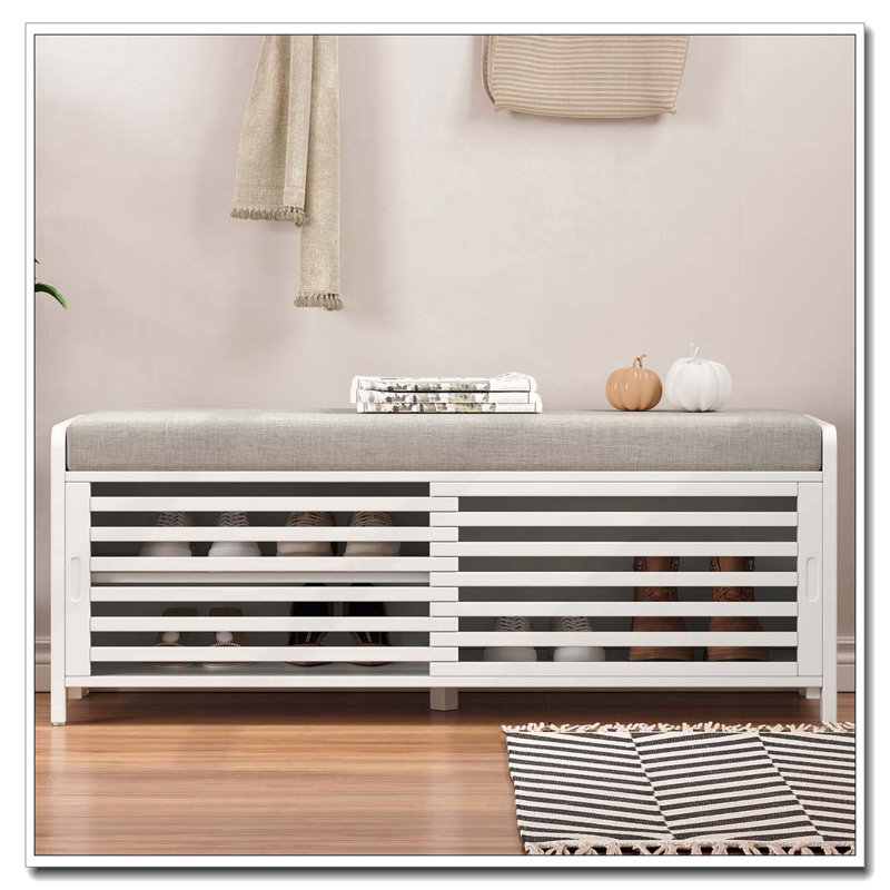 Distressed Shutter Storage Bench with Cushion and Sliding Door, White