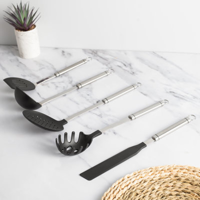 KitchenCraft Oval Handled Professional Stainless Steel Kitchen Utensils, 5pc Non-Stick Utensil Set Including Spaghetti Server, Spatula, Half Round Turner, Skimmer and Ladle