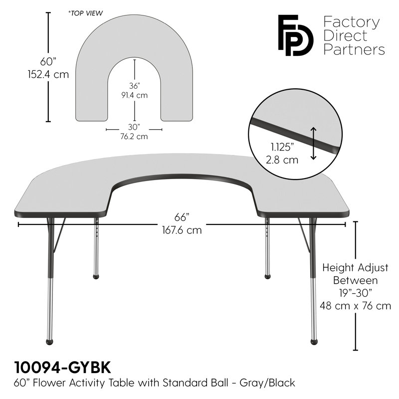 Table d'activité 60 "x 66" en forme de T avec pieds réglables, Gris / noir, Roulement à bille standard