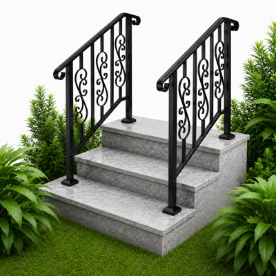 Rampe d'escalier d'extérieur en fer forgé robuste avec motif de vigne décorative, rampe réglable pour escalier de 2 ou 3 marches, paquet de 1