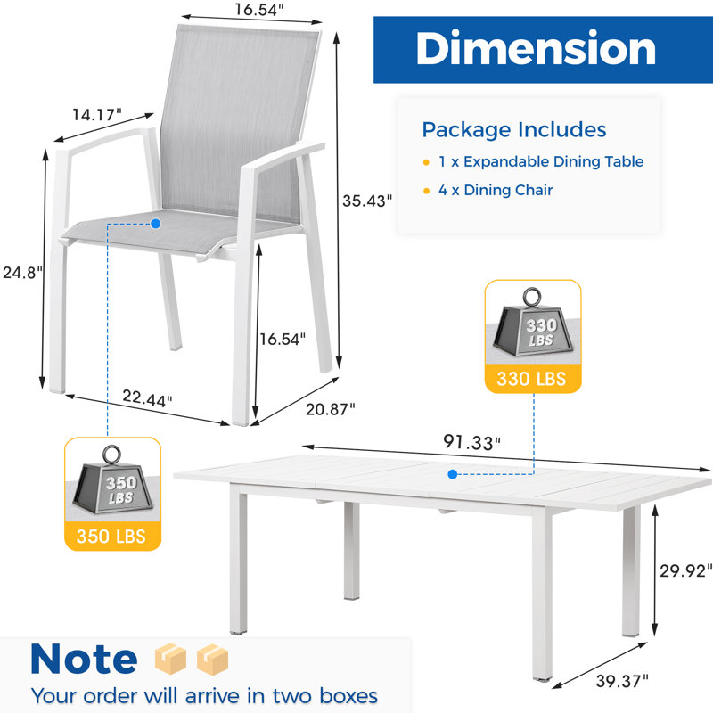 Ensemble de salle à manger de jardin Calliana avec table de salle à manger extensible et chaises empilables entièrement assemblées