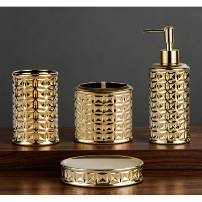 4-Piece Ceramic Bathroom Accessories Set, Lotion Dispenser, Toothbrush Holder, Tumbler, Soap Dish, Gold