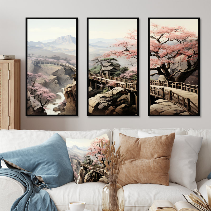 Rose, paysage floral japonais, paysage II, Cadre flottant noir, H 28 po x l 36 po x P 1 po