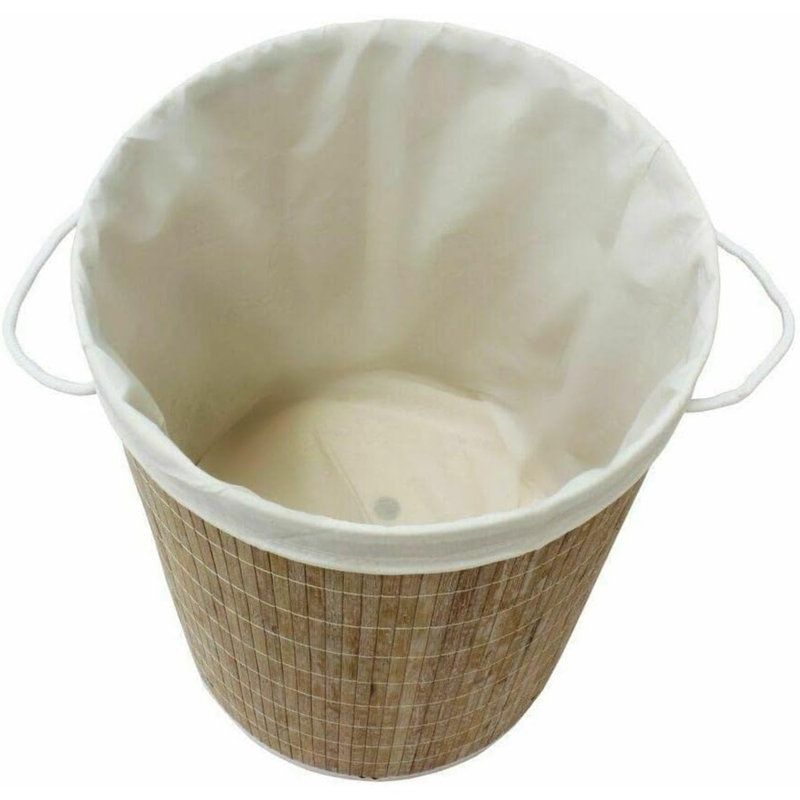 MantraRaj Round Bamboo Laundry Bin with Handles and Lid Collapsible Laundry Basket (White Wood)