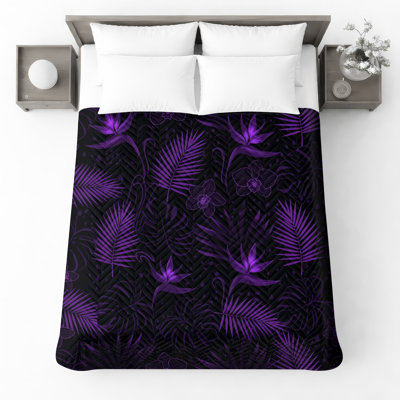 Purple Tropical Leaves Quilted Thin Bedspread