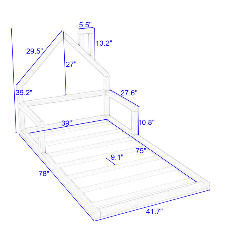 Wood Floor Bed with House-shaped Headboard, White, Twin