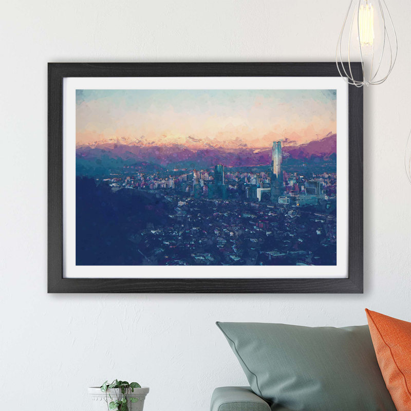 Santiago Skyline in Chile - Framed Print, 45cm H x 63cm W x 2cm D, Oak