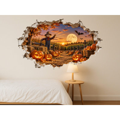 Pumpkin Patch 3D Wall Sticker, Peel and Stick Hole in the Wall Decal with Carved Pumpkins, Scarecrow and Harvest Moon, 24"W x 16"H (61 x 41 cm)