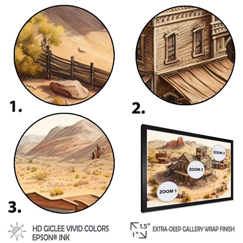Wild West Town I - Impression sur toile, Impression noire sur toile encadrée, H 24 po x l 32 po x P 1 po