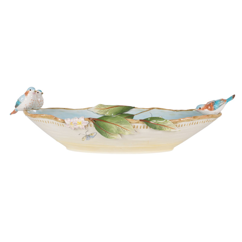 Pastel Blue Ceramic Elliptical Decorative Bowl with Birds and Butterflies