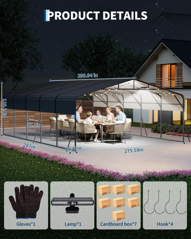 20 x 25 Ft Heavy Duty Metal Carport with LED Light, Galvanized Steel Roof, Reinforced Base, Gray