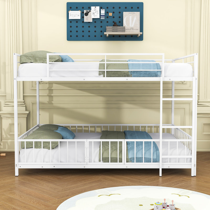 Full Over Full Metal Bunk Bed With Slide, Ladder And Safety Guardrails, White