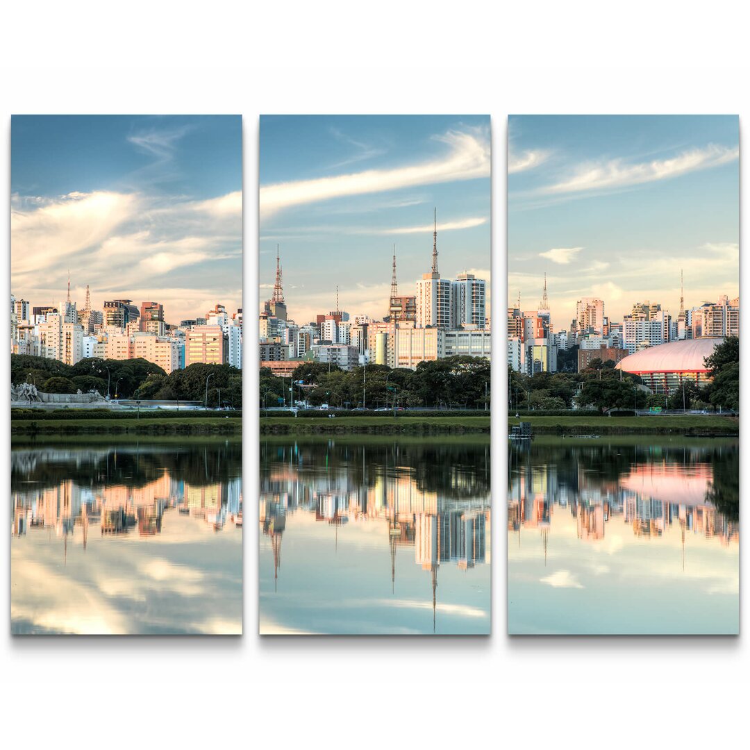 3-tlg. Leinwandbilder-Set Skyline von Sao Paulo mit Spiegelung im Wasser