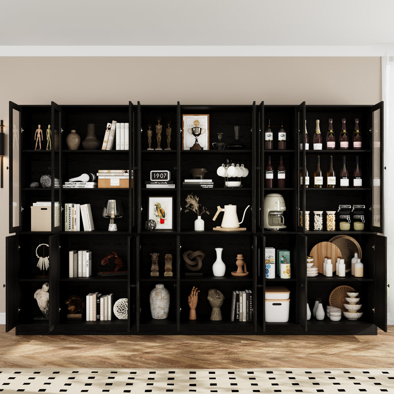 106.3" W Book Cabinet Storage Bookcase, 5-Tier Modern Bookshelves With 18 Doors, Black