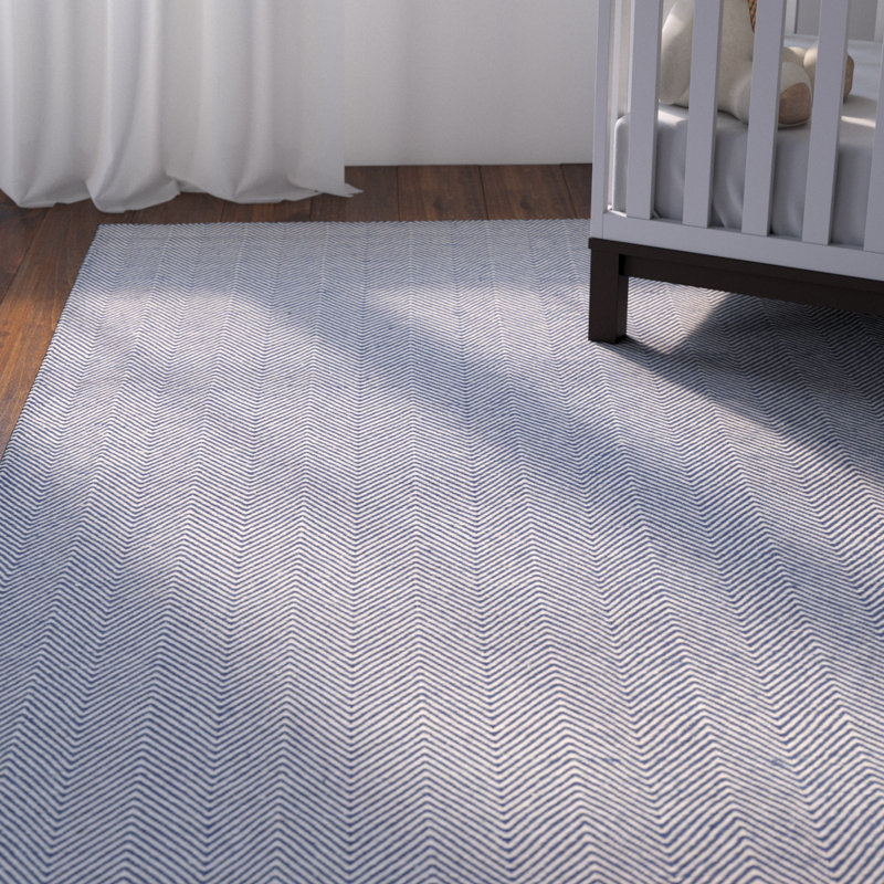 Tapis bleu marine / blanc tissé à la main, Rectangle 8 pi x 10 pi