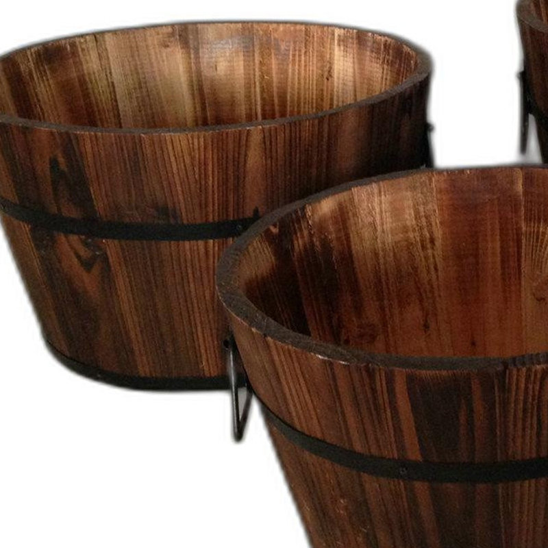 Set of Three Natural Wood Indoor Outdoor Round Pot Planters, 1 H x 1 W x 10 D