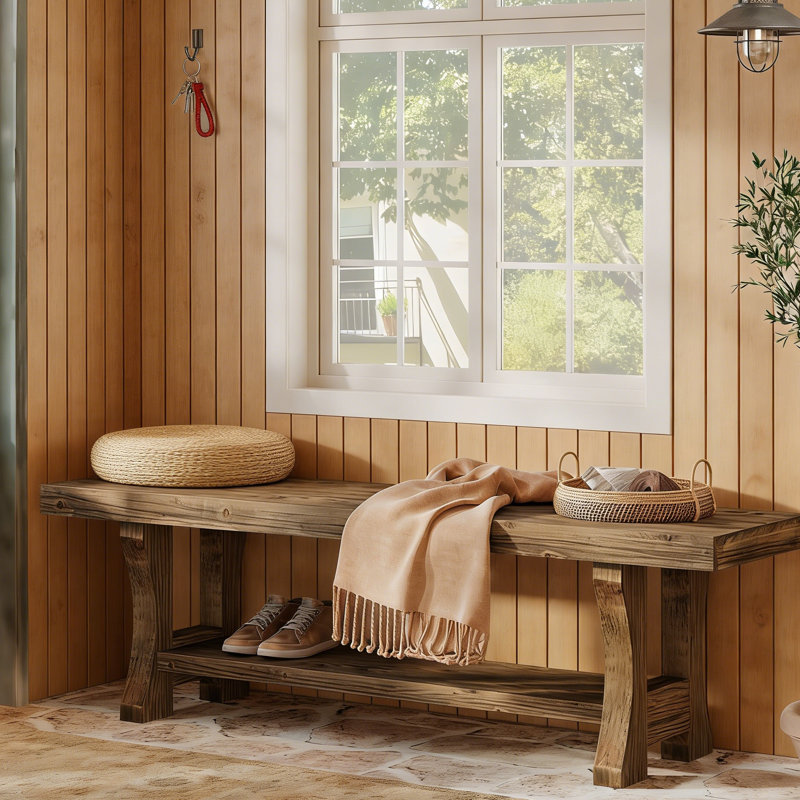 55" Solid Wood Entryway Bench, 2-Tier Long End of Bed Bench, Rustic Oak