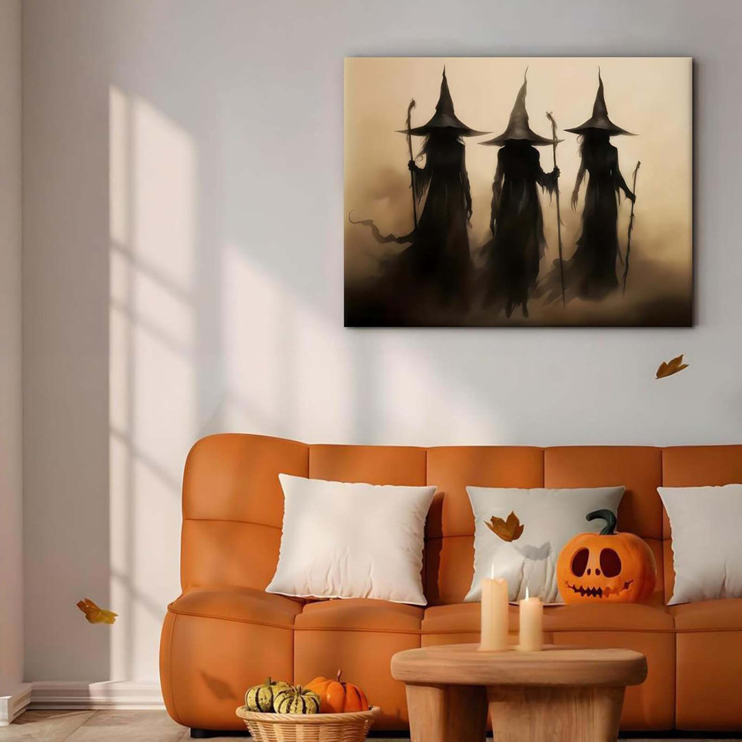 Three Witches Canvas Wall Art - Gothic Halloween Frame Painting Vintage Dark Spooky Picture Creepy Poster Fantasy Artwork For Living Room Bedroom Deco