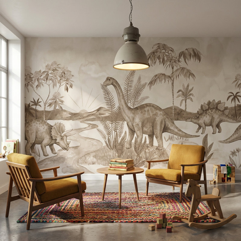 Papier peint paysage de dinosaure préhistorique, 120"x96", Non-Woven Nonpasted