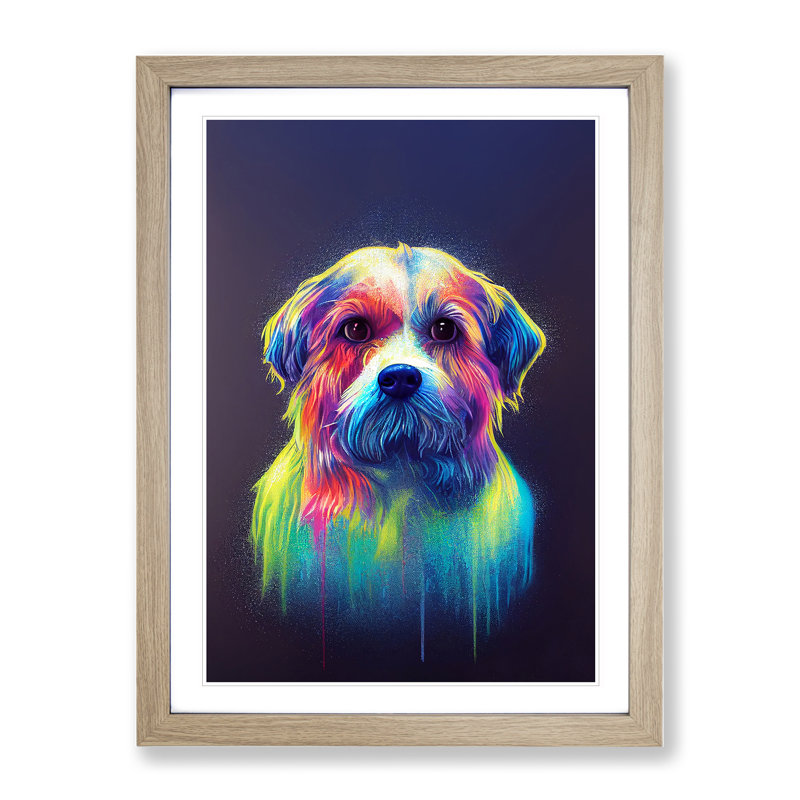 Neon Dog No.5 1 Piece Single Picture Frame Painting, 34cm H x 25cm W x 2cm D, Oak Framed