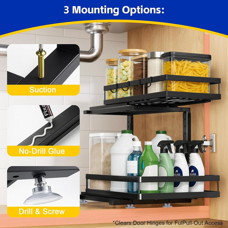 Ensemble de 2 boîtes de rangement sous le lavabo à double rail - 6 niveaux de rangement réglables, noir mat, sans perçage