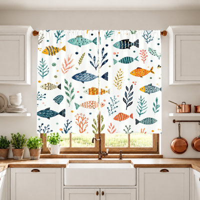 2Pcs rideaux mignons à imprimé poissons et coraux, tissu filtrant la lumière, motif aquarelle Sea Life, protection de l'intimité obscurcissante, passe-tringle, pour la vie, la chambre à coucher, la décoration pour enfants