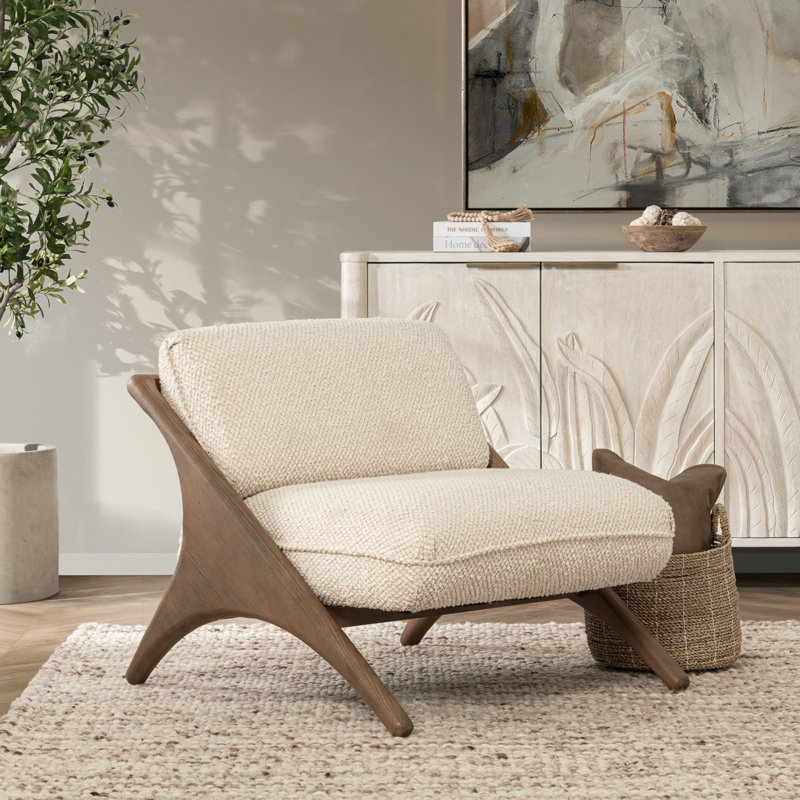 Georgia Accent Chair, Light Beige Polyester, Natural Wood