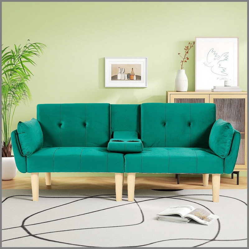 Canapé pliable vert 2 places de 183 cm (72 pouces), revêtement en velours doux, confortable et idéal pour un salon ou un appartement.