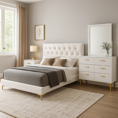 Dle 4 Piece Queen Bedroom Set, White Faux Leather, Modern Gold Accents