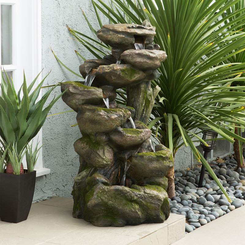 Rustic Gray and Brown Multi-Tier Stone Fountain with LED Lights