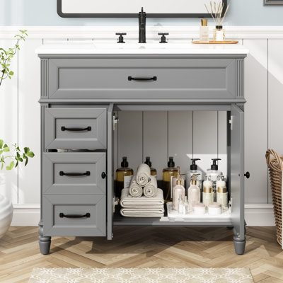 Meuble-lavabo de 91 cm (36 po) avec lavabo en céramique, structure en bois massif, deux tiroirs, portes, mécanisme de fermeture amortie, conception autoportante, couleur grise, facile à assembler, style classique vintage, charnières en métal, un emballage