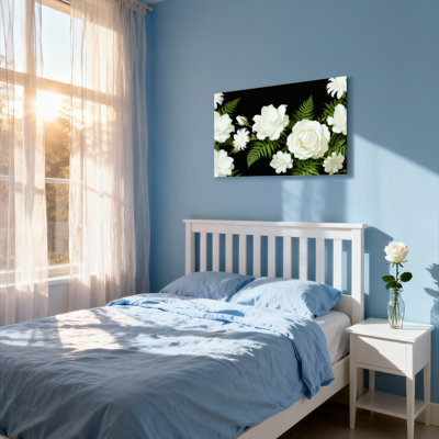 White Roses And Ferns Floral Pattern Canvas Wrapped Wall Art Oil Painting Print Set Of 1